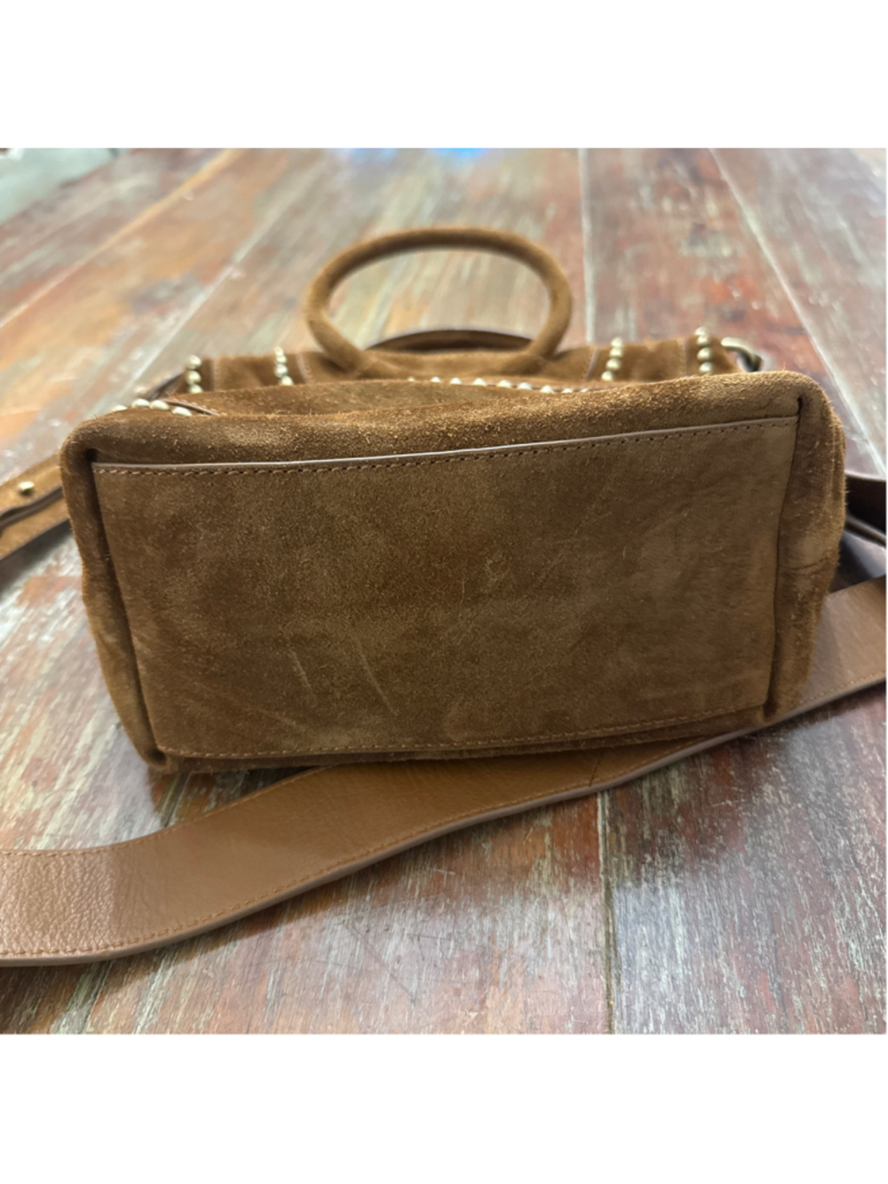 HOBO Chestnut Brown Suede Gold Studded Small Crossbody Tote Handbag NWT Handles - Picture 4 of 13